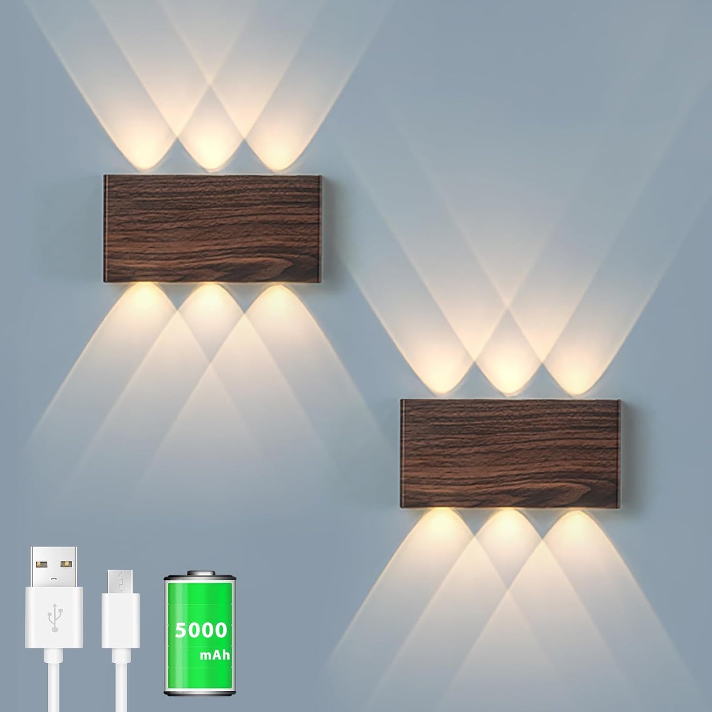 2 Pcs LED Magnetic Wall Sconce Lights,5000mAh Wireless Bedside Wall Light USB Rechargeable Reading Wall Lamp,3 Lighting Colors And Dimmable Battery Operated Wall Sconces (Walnut color, 2 pcs)