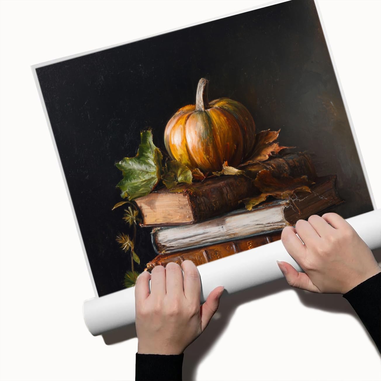 Vintage Pumpkin Still Life Wall Art – Antique Books with Fall Leaves Canvas Print,Dark Academia Autumn Aesthetic Poster for Reading Nook Decor 12x16in Unframed