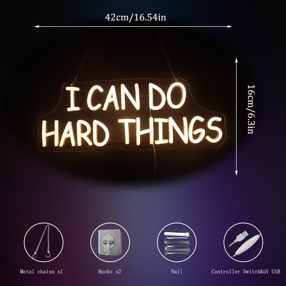 I Can Do Hard Things Wall Hanging Neon Sign, Led Positive Quotes Decorative Neon Lights for Kid's Room Wall Hanging Banners, Playroom Classroom Wall Decor Neon Light Sign(warm white)