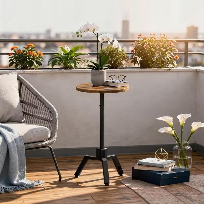 Round Side Table, Small End Table, Drink Table, Beside Table for Small Space, Coffee Martini Table with Pedestal in Bedroom, Living Room, Easy Assembly, Rustic Brown and Black ET17BR