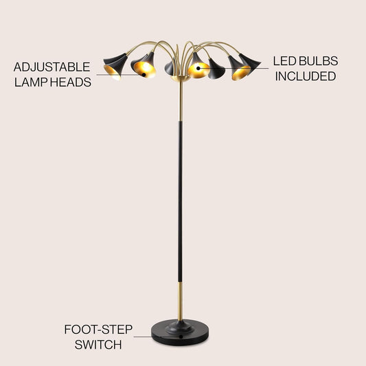 JONATHAN Y 61" Brass Gold/Black 10-Light Mid-Century Modern Floor Lamp, Medusa Multi Head Standing Lamp with Metal Shades for Living Room, Foot Switch, 10 LED Bulbs (JYL3096B)