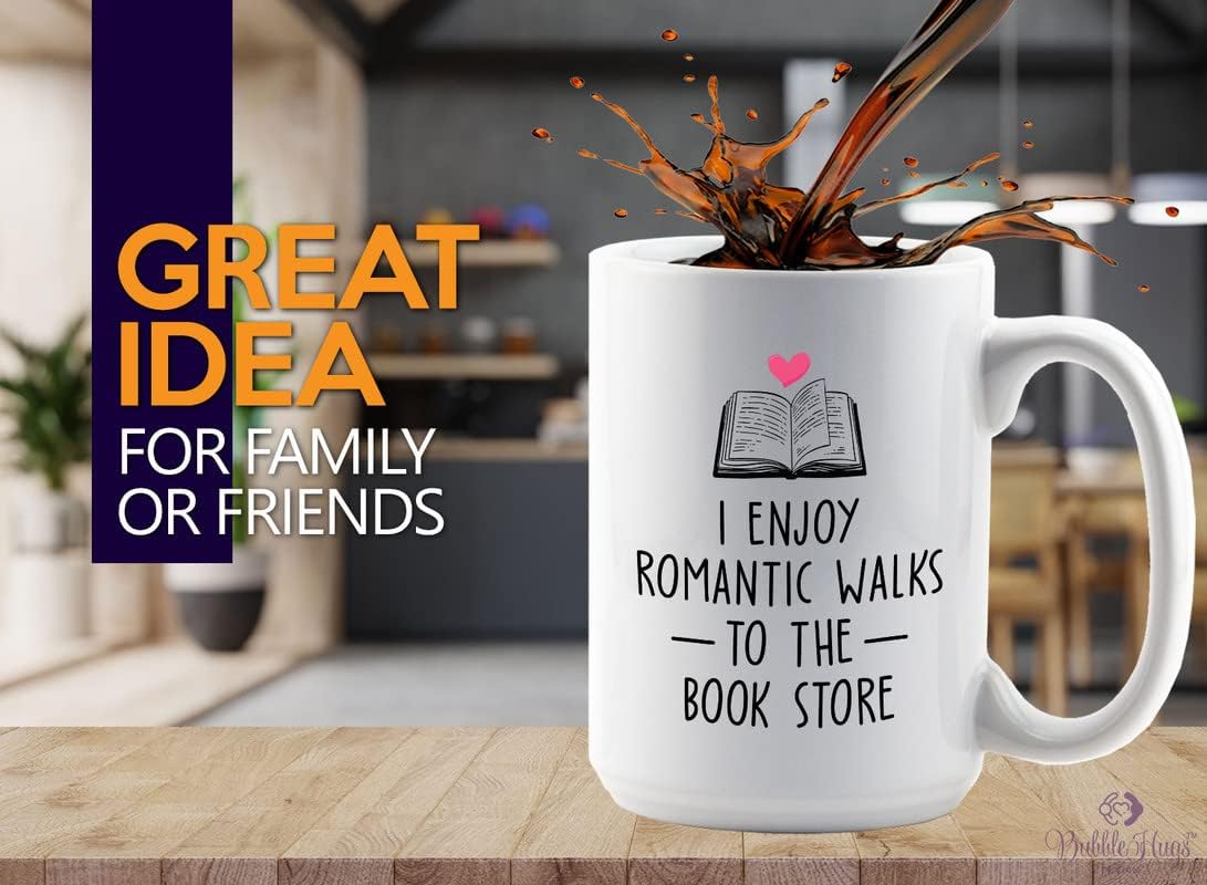 Reading Lover Coffee Mug 15oz White - I Enjoy Romantic Walks To The Book Store - Gift For Poets Bookish People Bibliophile Librarian Book Club Reader