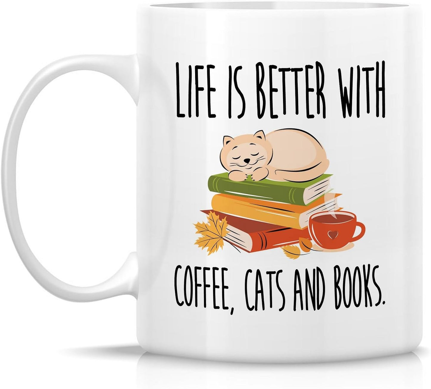 Retreez Funny Book Lover Mug - Life is Better With Coffee, Cats and Books Mug - 11 Oz Ceramic Coffee or Tea Cup - Hilarious Birthday Gift for Cat Lovers, Bookworms, Book Reader, Bookish, Coworker, Mom