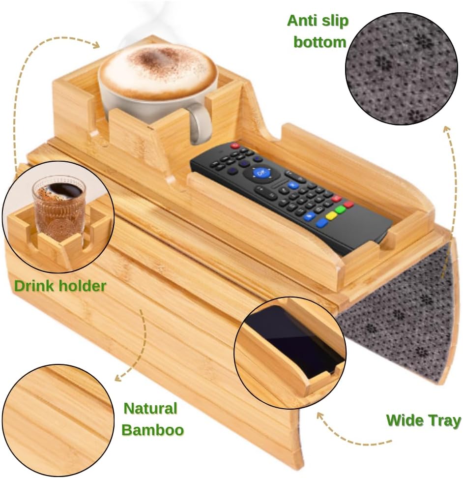 Couch Cup Holder, Sofa Armrest Tray with Drink Holder, Foldable Anti-Slip Arm Table, Cup Holder Tray for Mugs Cellphone Remote and Snacks.