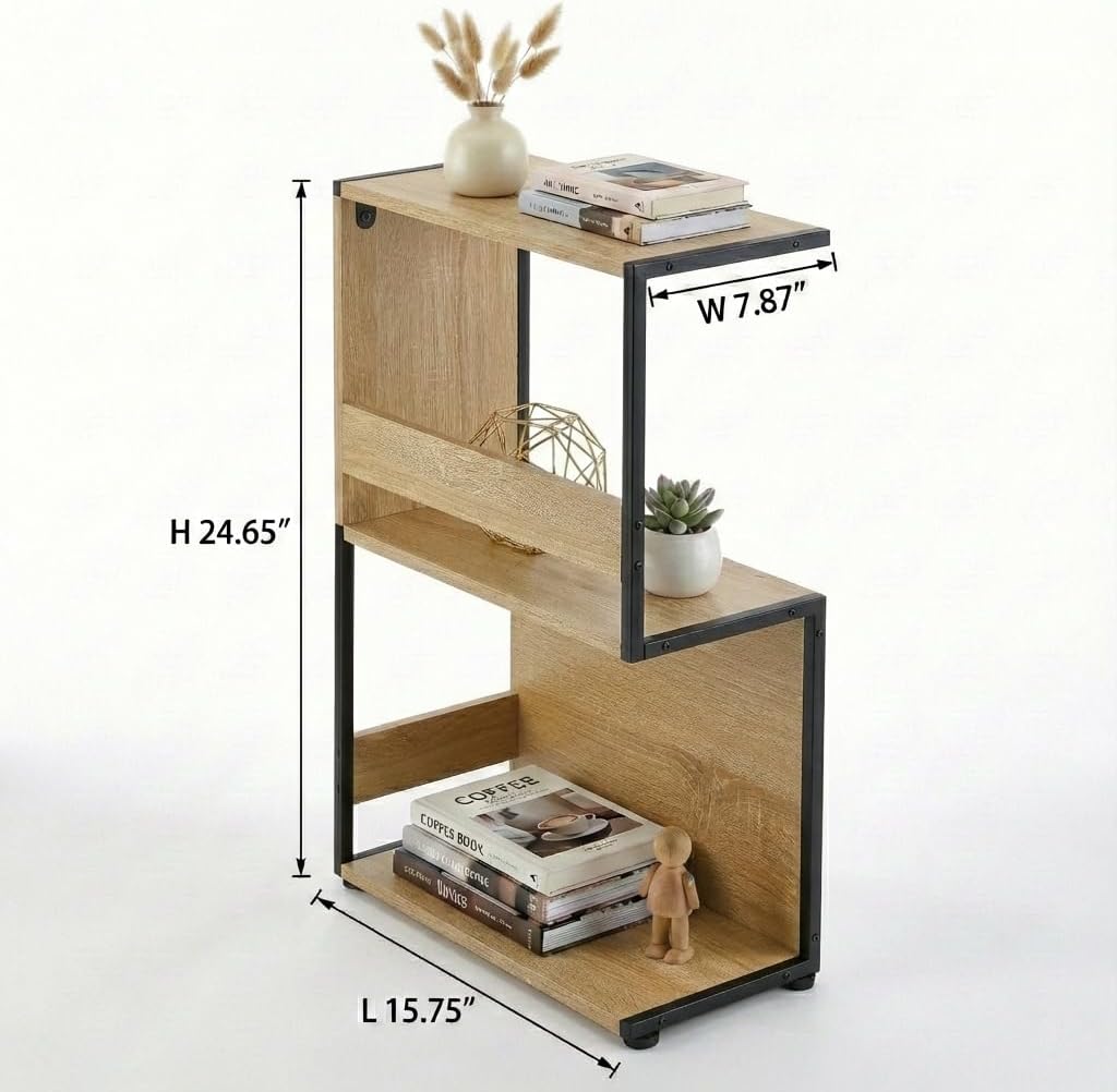 Bookshelf, Small End Table, S Shape Bookcase W/ 2-Layer Storage Shelves, Sofa Side Table for Small Spaces, Nightstand for Bedroom, Living Room, Stable Frame, Oak