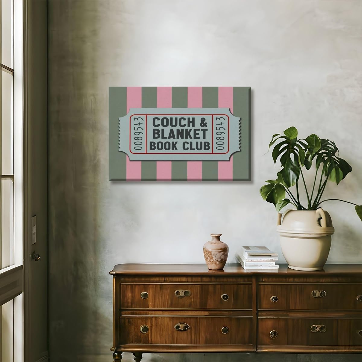 Vintage Book Wall Art Couch Blanket Book Club Canvas Poster Retro Pink Green Stripes Print Reading Nook Library Decor Trendy Preppy Bookish Painting Picture for Dorm Bedroom 16x24inch Unframed