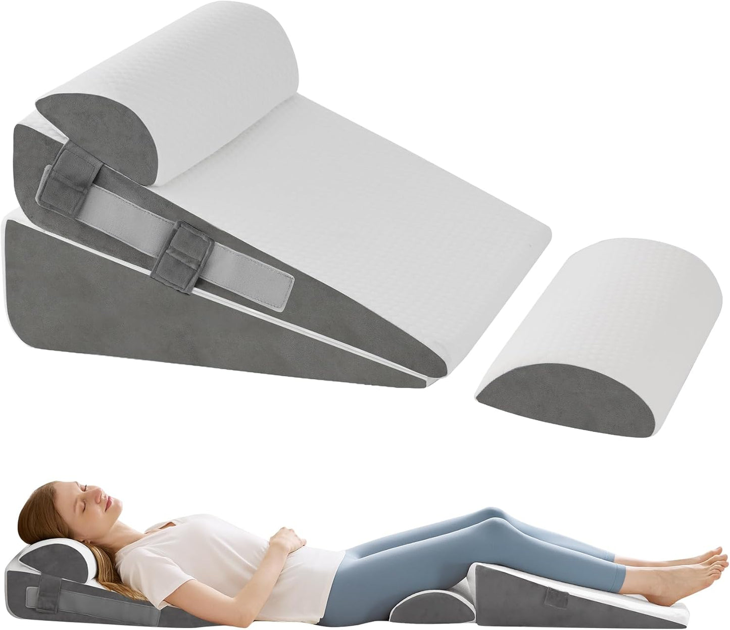 4Pcs Wedge Pillow Set for After Surgery,Acid Reflux Relief, Adjustable Bed Wedge Pillows for Sleeping,Anti Snore, Memory Foam Triangle Pillow for Back&Neck&Shoulder Pain Relief, White&Grey