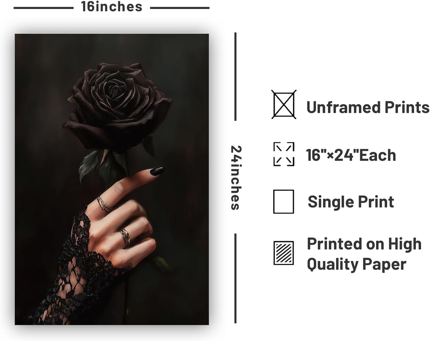 CDLJL Gothic Wall Art Romantic Wall Art Vintage PosterGothic Black Rose & Lace Hand 16X24inch Unframed Victorian Witchy Aesthetic Poster Dark Print for Gallery Living Room Bedroom Home Decoration