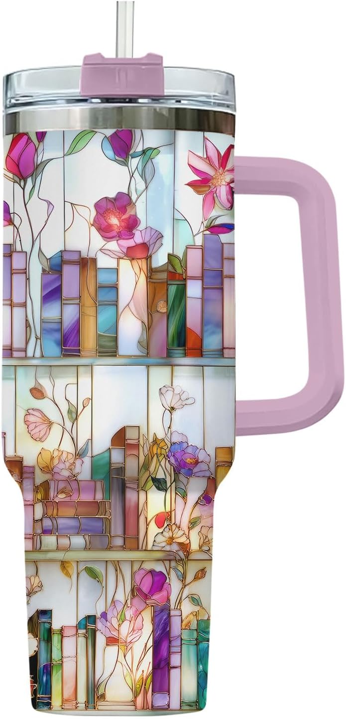 Reading Tumbler 40oz Stainless Steel with Handle and Straw Bookish Travel Mug Insulated Coffee Cup Gift for Book Lovers Women Teacher Librarian