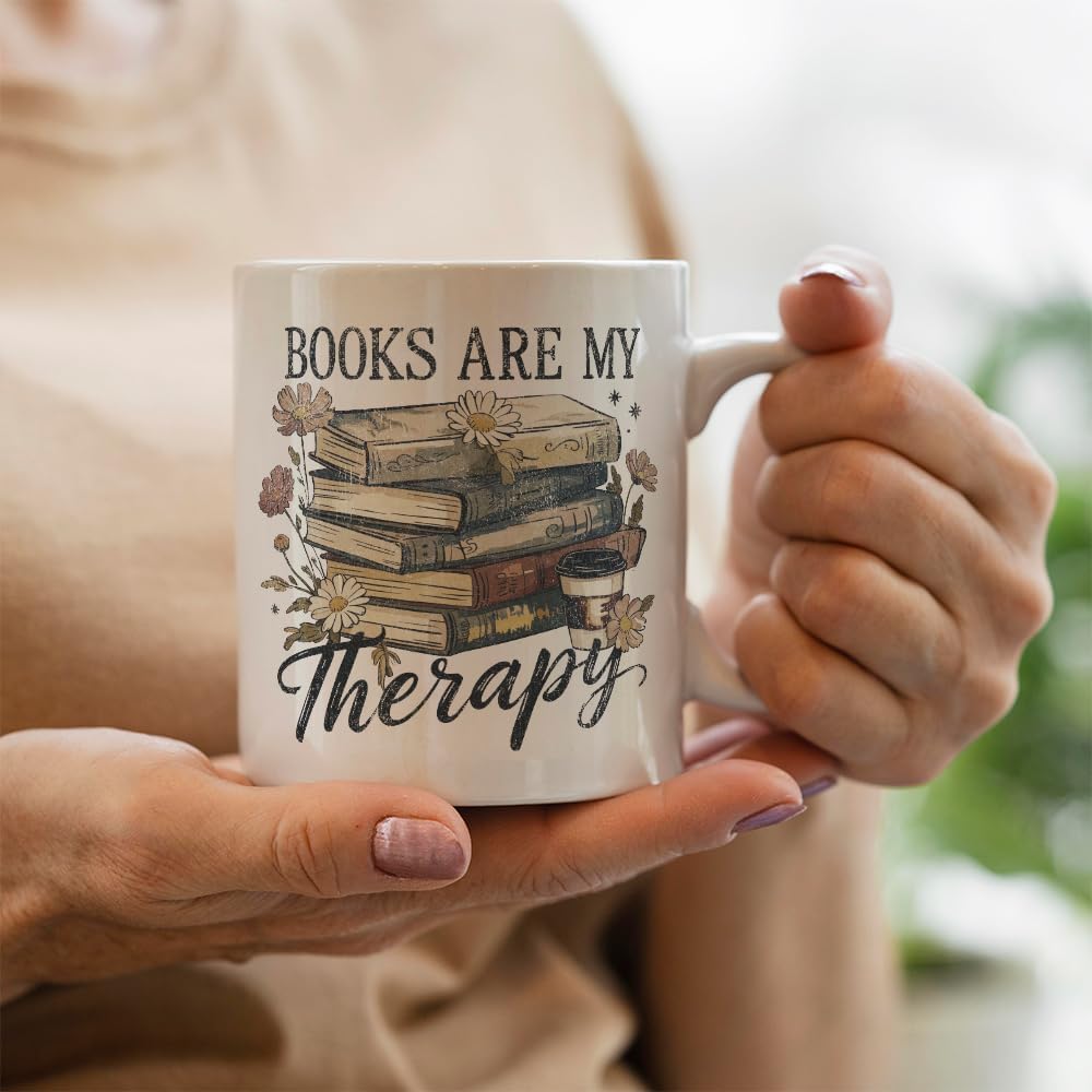 Funny Book Mug Gift for Book Lovers Readers, Books Are My Therapy Novelty Books Gift for Librarian Bookish Bookworm Women 11oz