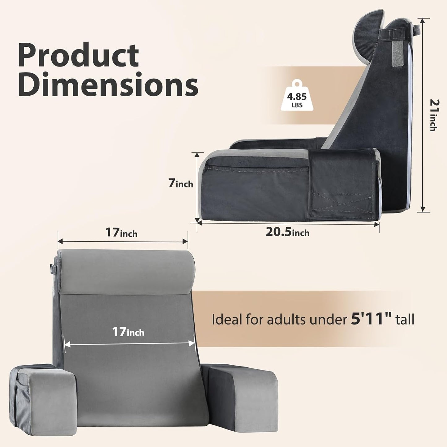 Reading Pillow for Bed — 21" 60° Ergonomic Wedge, XL Side Pockets, Removable Cover, Lightweight