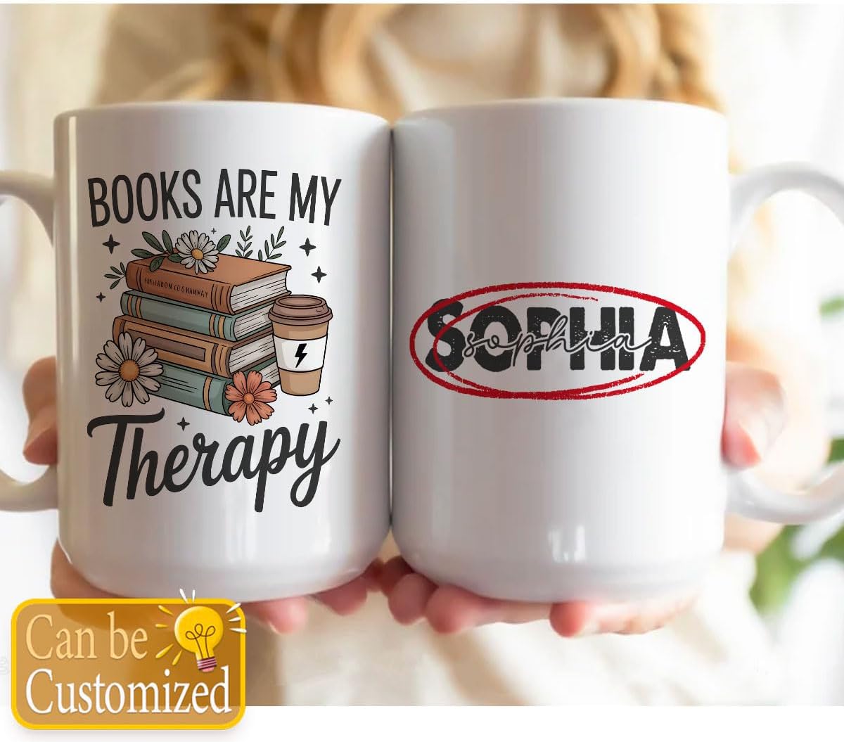Personalized Books Are My Therapy 15 oz Ceramic Mug Custom Name for Book Reading Lovers
