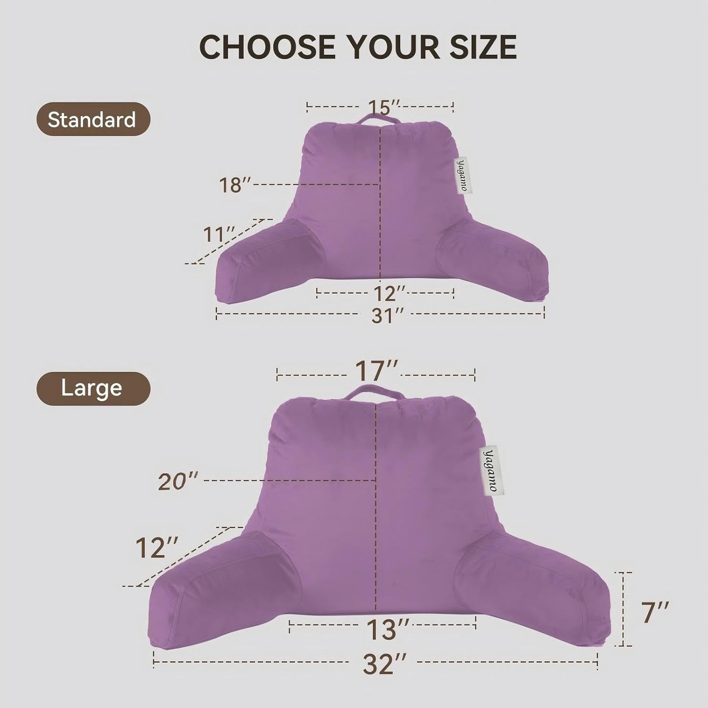 Large Reading Pillow for Bed Sitting Up, Adults and Teens Backrest with Arms, Velvet Back Support Pillow for Sitting on Bed, Sofa, and Couch, Dorm Essentials- Large, Purple
