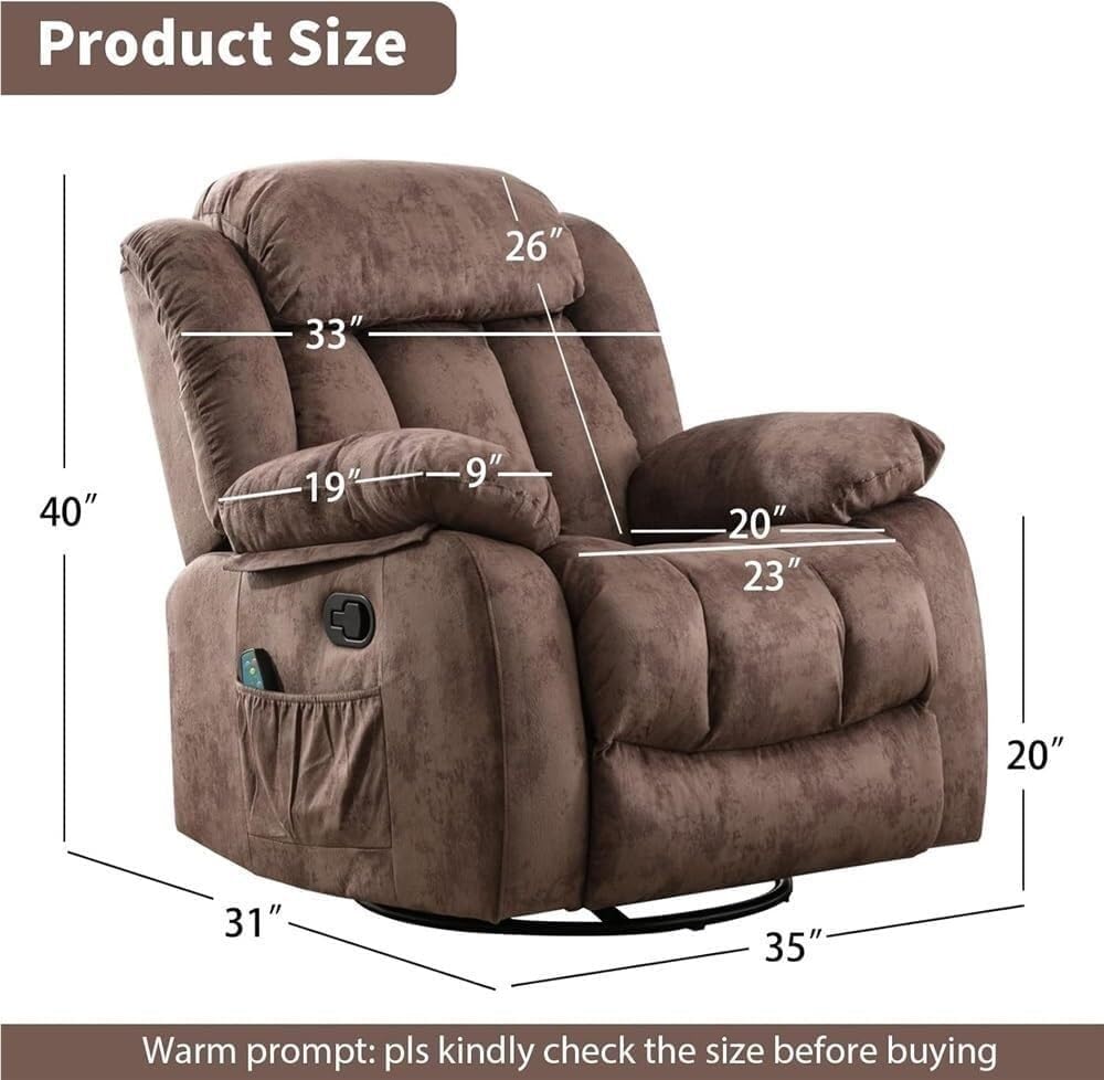 360 Swivel Rocker Recliner Chair for Adults Manual Rocking with Heat and Vibration Massage Ergonomic Living Room Sofa for Elderly