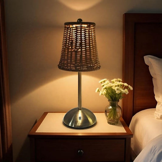 Rattan Table Lamp, Vintage Rattan LED Rechargeable Reading Light, 3 Color Temperatures Dimmable Bedside Lamp, Wicker Night Light for Bedroom, Living Room, Office (Brown Lampshade)