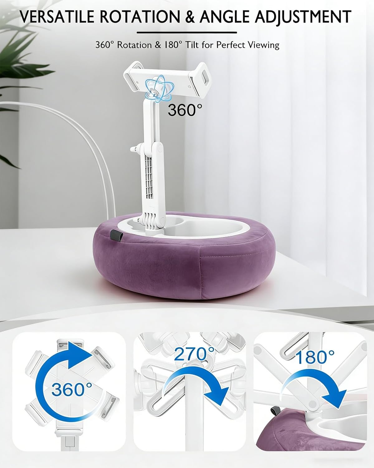 Miledi Tablet Pillow Stand, Compatible with 4.7"-12.9" Kindle, iPad, Phone/Tablet, 360° Rotating Phone Holder for Bed, Detachable Bowl, Reading and Relaxation on Bed (Purple)