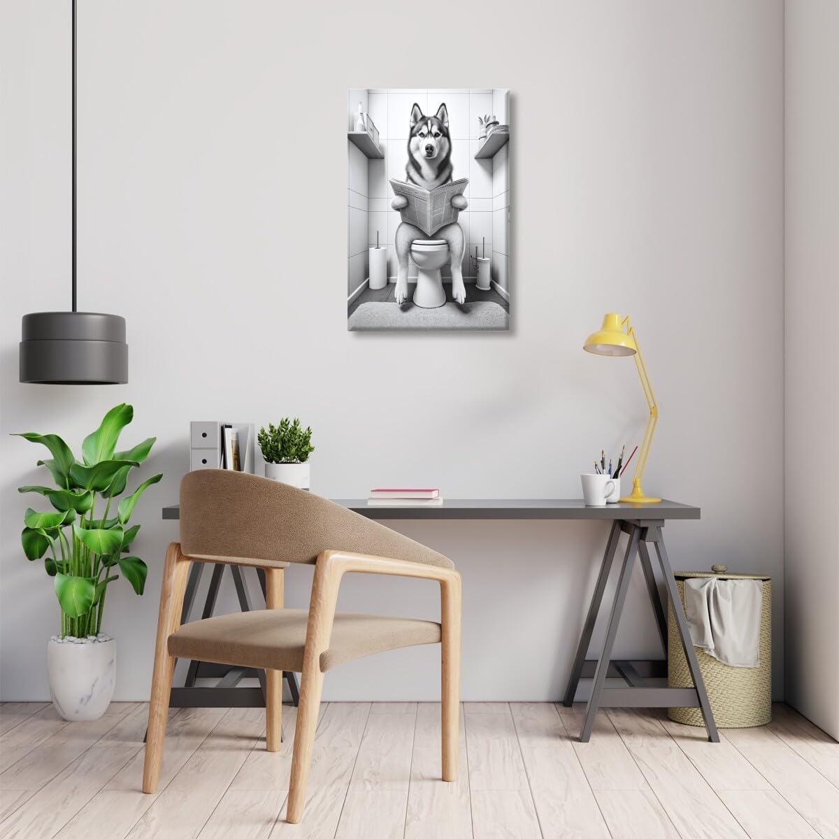 Siberian Husky on the Toilet Reading Newspaper Canvas Print Funny Animal Artwork Prints Aesthetic Posters Home Decor Bathroom Art Wall Decor Unframed12x18inch