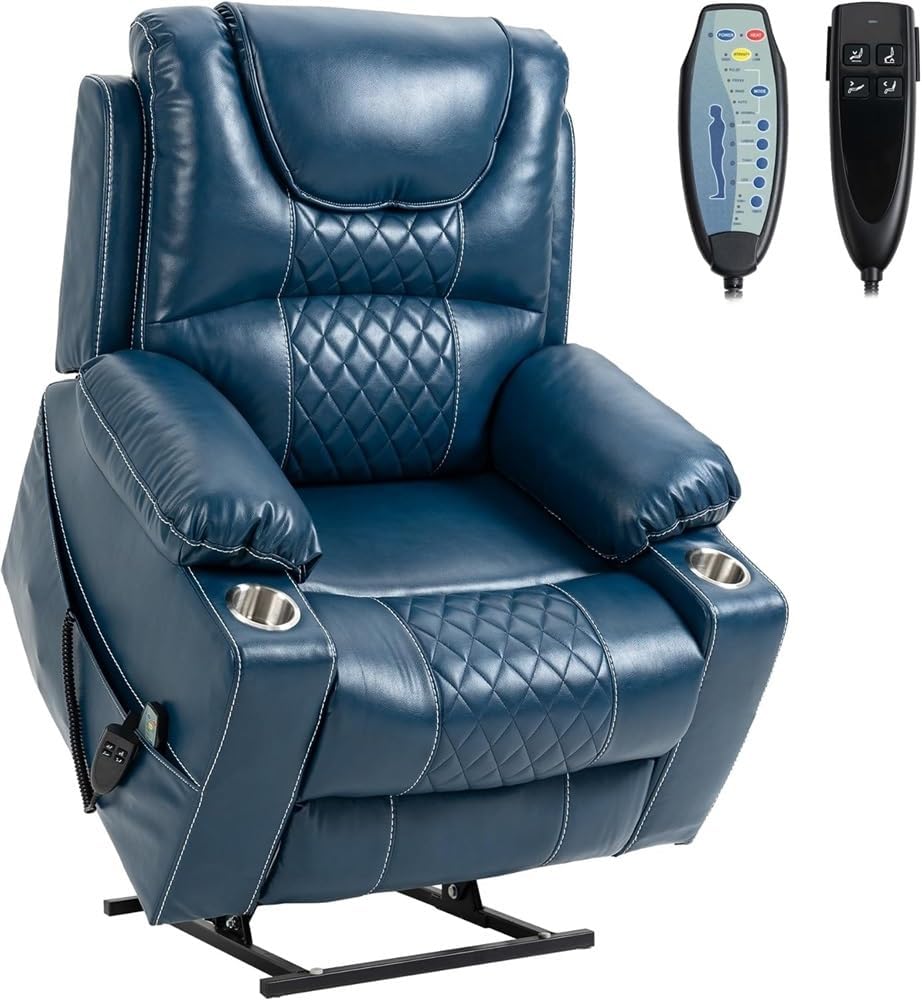 Dual Motor Power Lift Recliner Chair for Elderly Adults, Comfortable 180° Lay Flat Blue Leather Reclining Sofa with Massage and Heat, Independent Back & Footrest