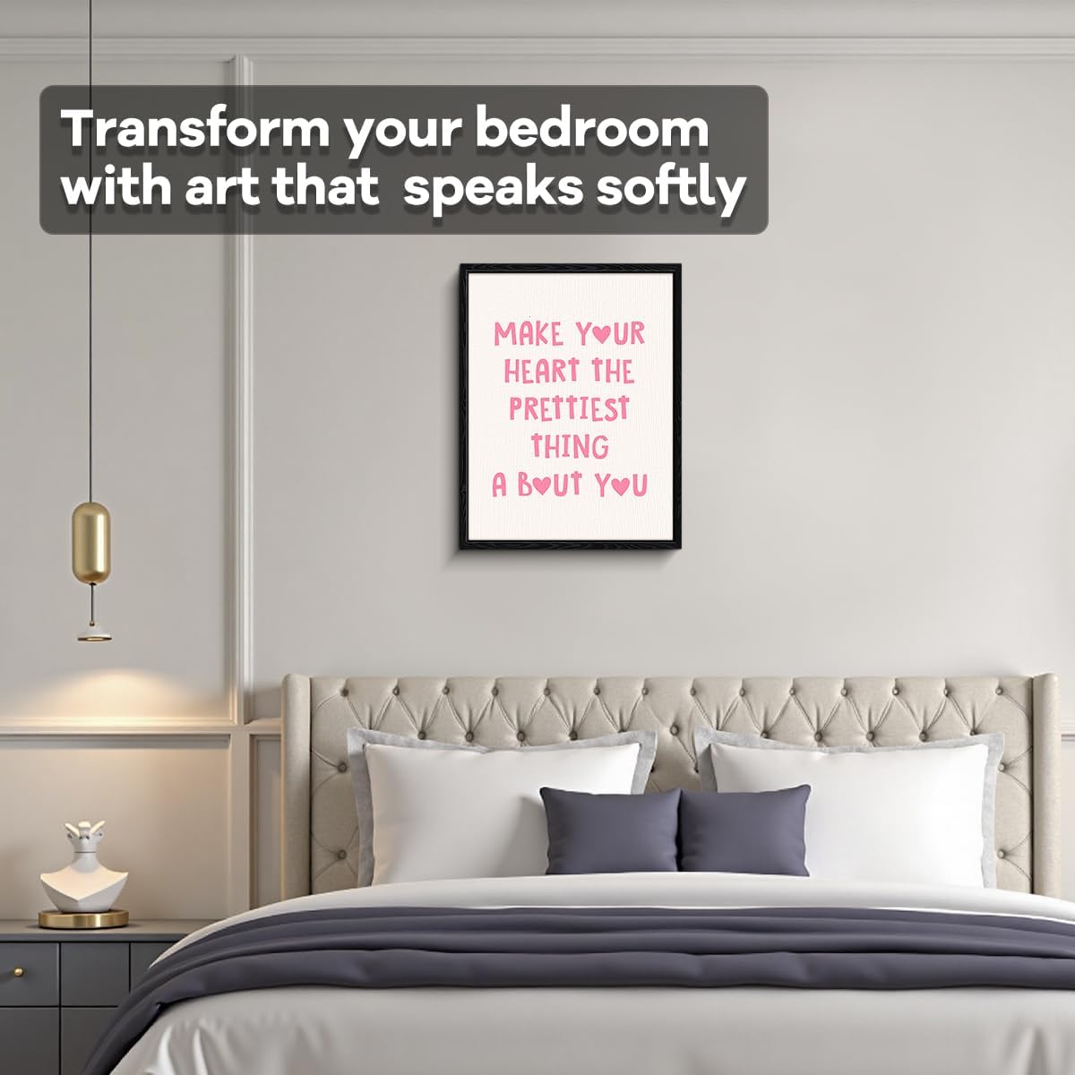 Motivational Quote Wall Art, kind heart message, pastel minimalist wall decor, matte finish framed canvas print, positive affirmation poster artwork, for girls room dorm gift, 12x15 inch