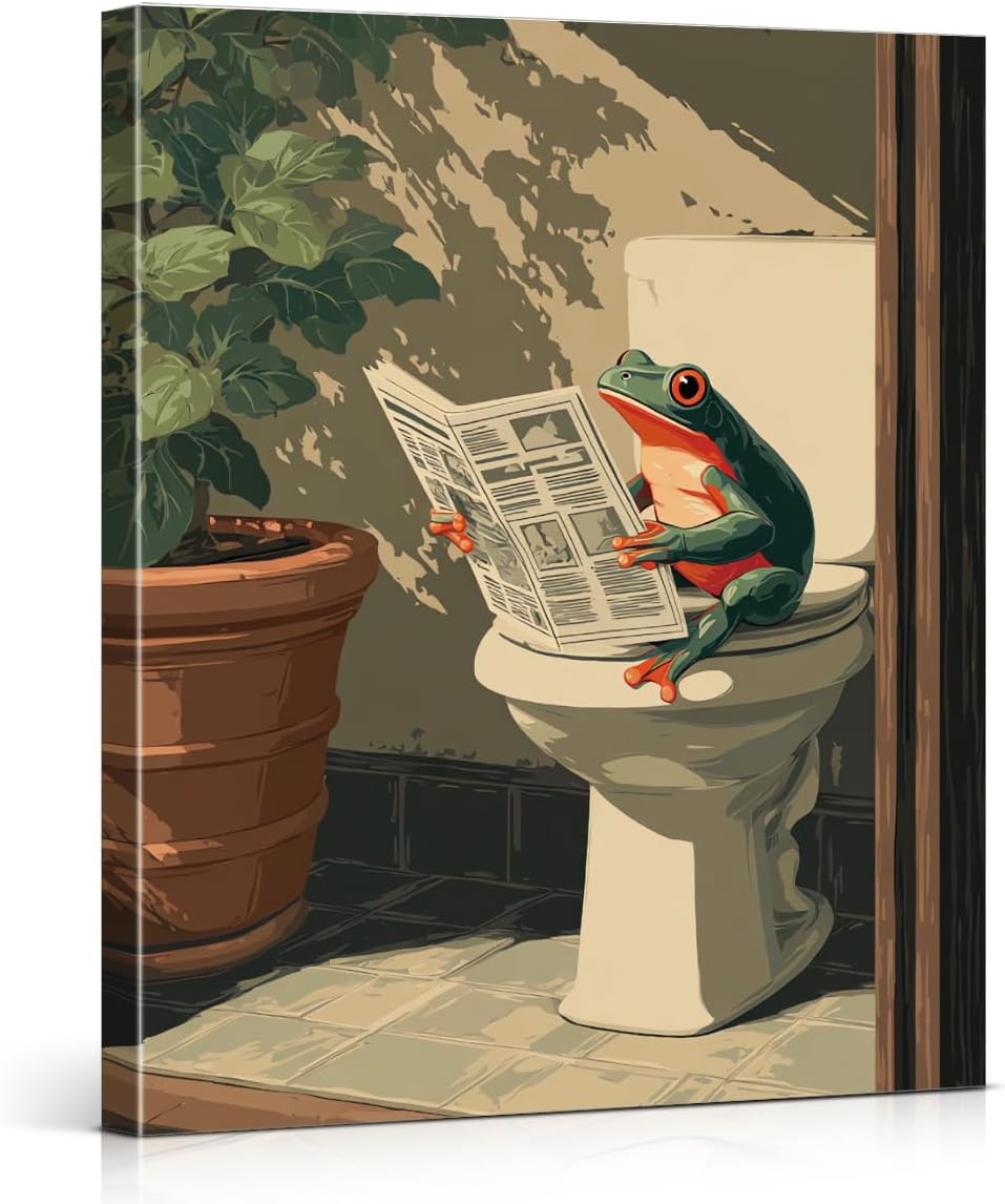 Funny Frog Print Bathroom Wall Art - Frog Reading Newspaper on Toilet Picture Poster Artwork Vintage Bathroom Wall Decor 8x10 Canvas Framed