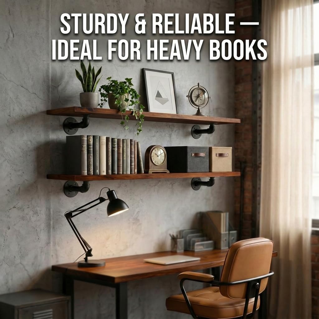 IEO Industrial Pipe Shelving Shelf,Pipe Wall Shelves Wood Shelf:Kitchen Shelves, 48 Inches Wood Long Floating Shelves for Wall Farmhouse Pipe Book Shelves Walnut for Decor and Bar Shelving