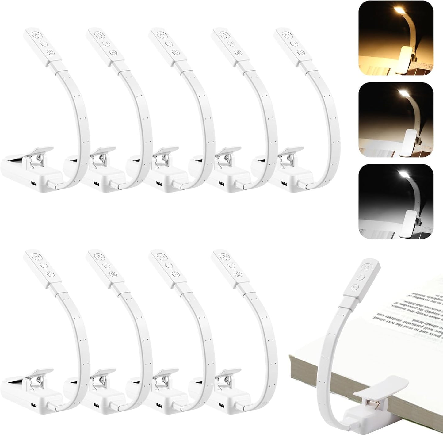 10 Pcs Clip On Reading Light, Rechargeable Book Light with 5 LED 3 Color Temperatures & Stepless Dimming, Portable Bed Lamp (White)