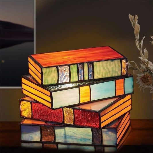 RERUICO Stained Glass Stacked Books Lamp Vintage Desk Lamp Small Reading Book Lamp Decor Stained Glass Nightlight