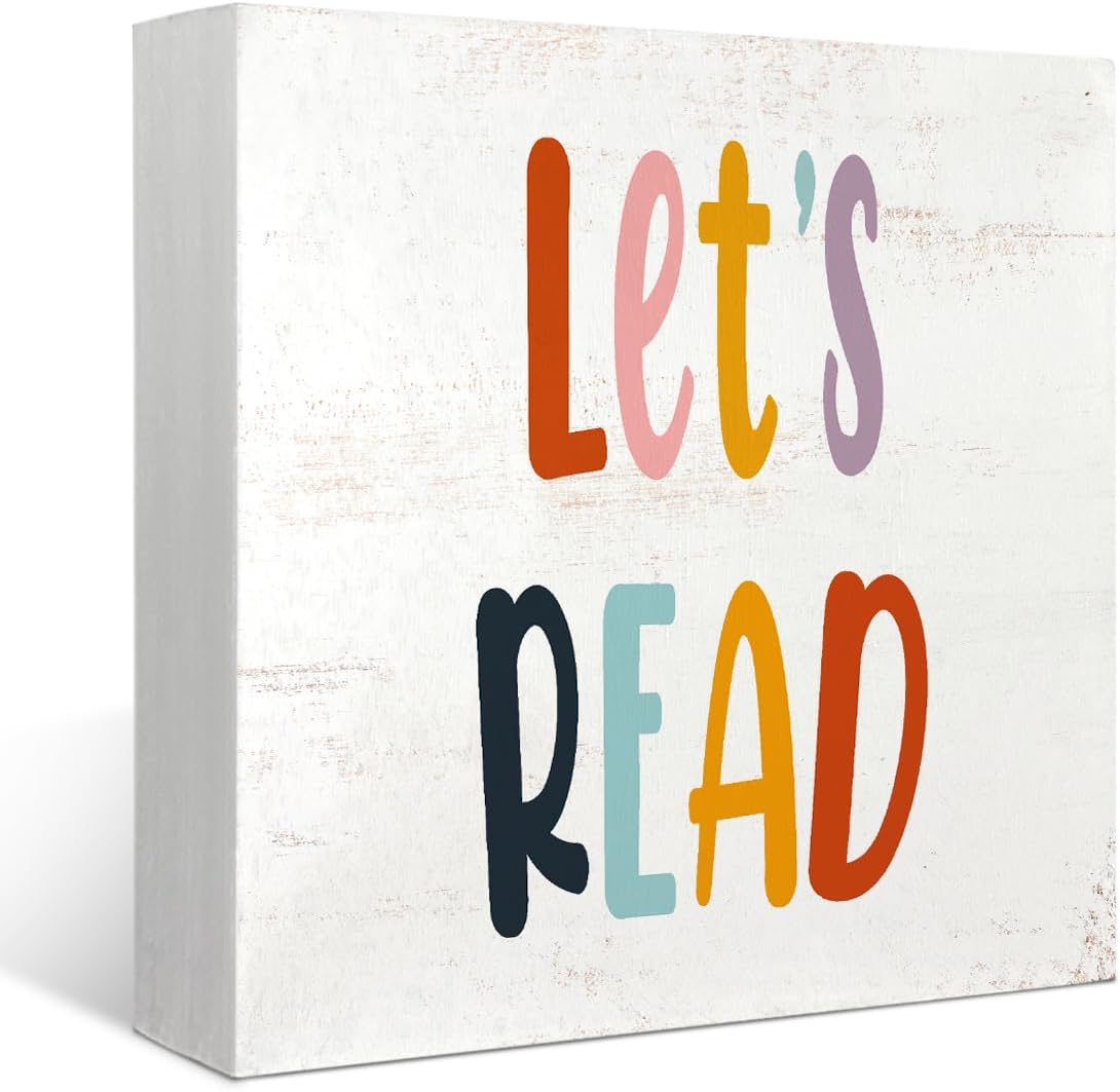 Mtrgdn Reading Corner Decor for Classroom,Boho Classroom Reading Nook Desk Decor,Let's Read Sign Wood Box for Homeschool Library Bookshelf Nursery Kids Reading Room,5x5 Inch