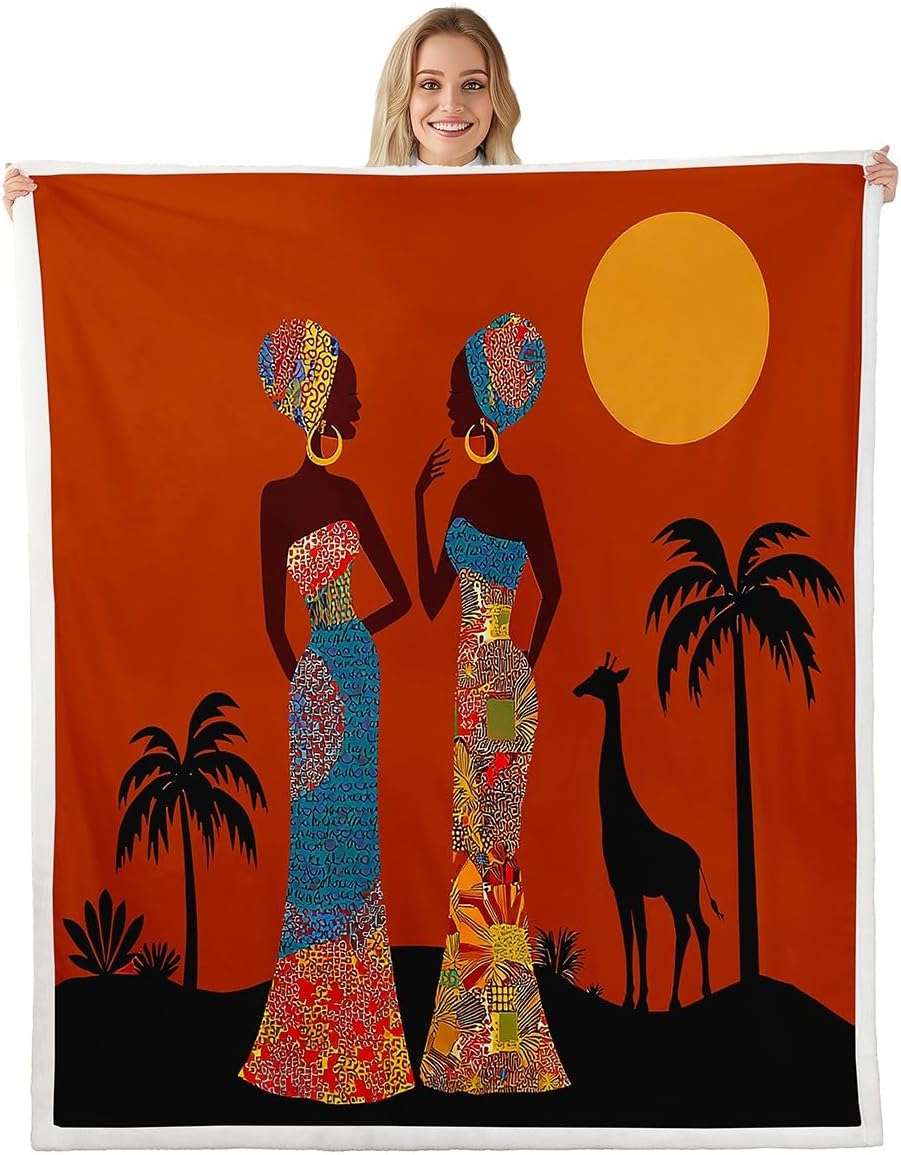 African Woman Themed Warm Plush Blanket Brown African Pattern Fleece Blanket Ethnic Afro Giraffe Sherpa Throw Blanket for Sofa Couch Women Room Decor Black Palm Tree Print Blanket Throw 50"x60"