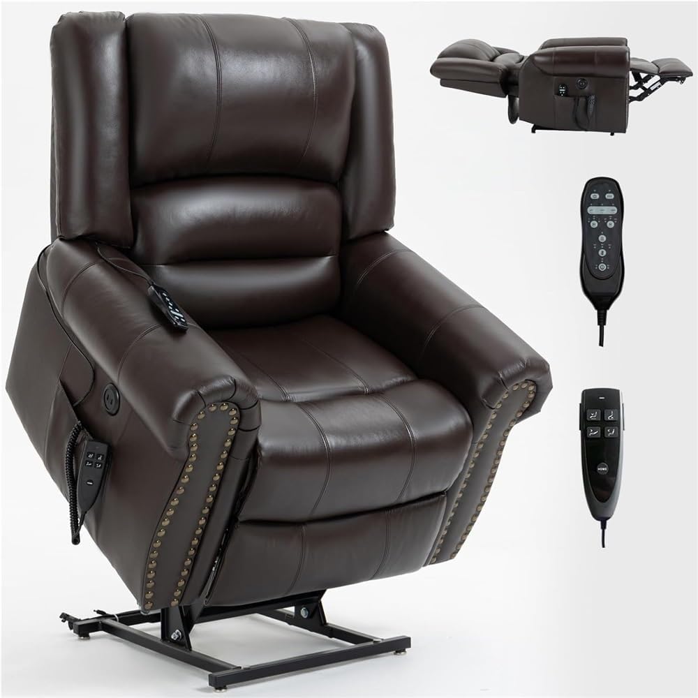 Dual Motor Power Lift Recliner with Heat Massage Lay Flat Electric Chair USB Ports Infinite Position Standing Assistance Leather Adjustable Brown Furniture for Elderly