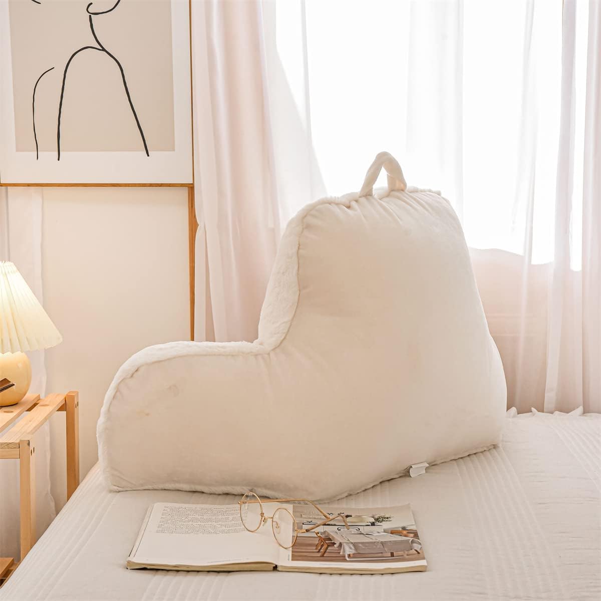 NTBED Reading Pillow Faux Fur Bed Wedge Backrest with Arms,Couch TV Relax Bed Rest Pillow Back Support Cushion for Kids Teens Boys Girls(Ivory)
