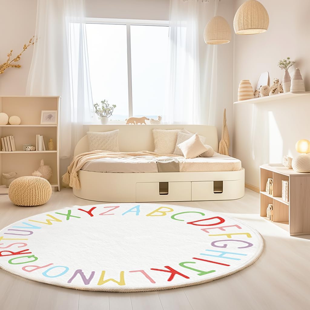 SHIPKEY Round Kids' Rug, Play Rug for Boys, Colored Alphabet Nursery Area Rugs, Kids Bedroom Rugs, Non-Slip Mat, Carpet for Living Room (4 feet)