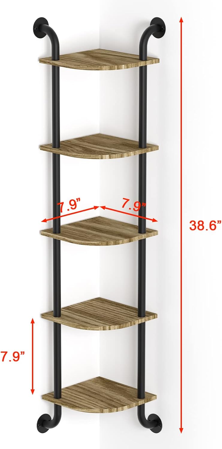 Corner Shelf Wall Mount 5-Tier, Wall Decor for Home Living Room Bedroom, Wall Corner Shelves Bookshelf, Rustic Industrial Pipe Shelves Thanksgiving Day, Brown