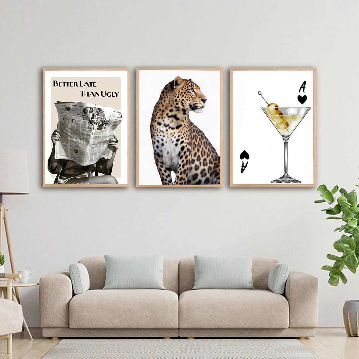 3Pcs Gold Leopard Canvas Wall Art Woman Reading Newspaper Leopard Poster Print for Living Room Dining Room Wall Decor（12×18in Unframed）