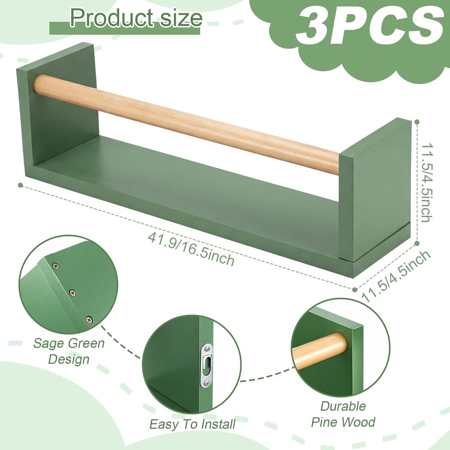 16 Inch Floating Book Shelves for Nursery Set of 3 Sage Green Wood Hanging Bookshelf Room Wall Shelf for Toys Decorative Displays Storage Nursery Decor