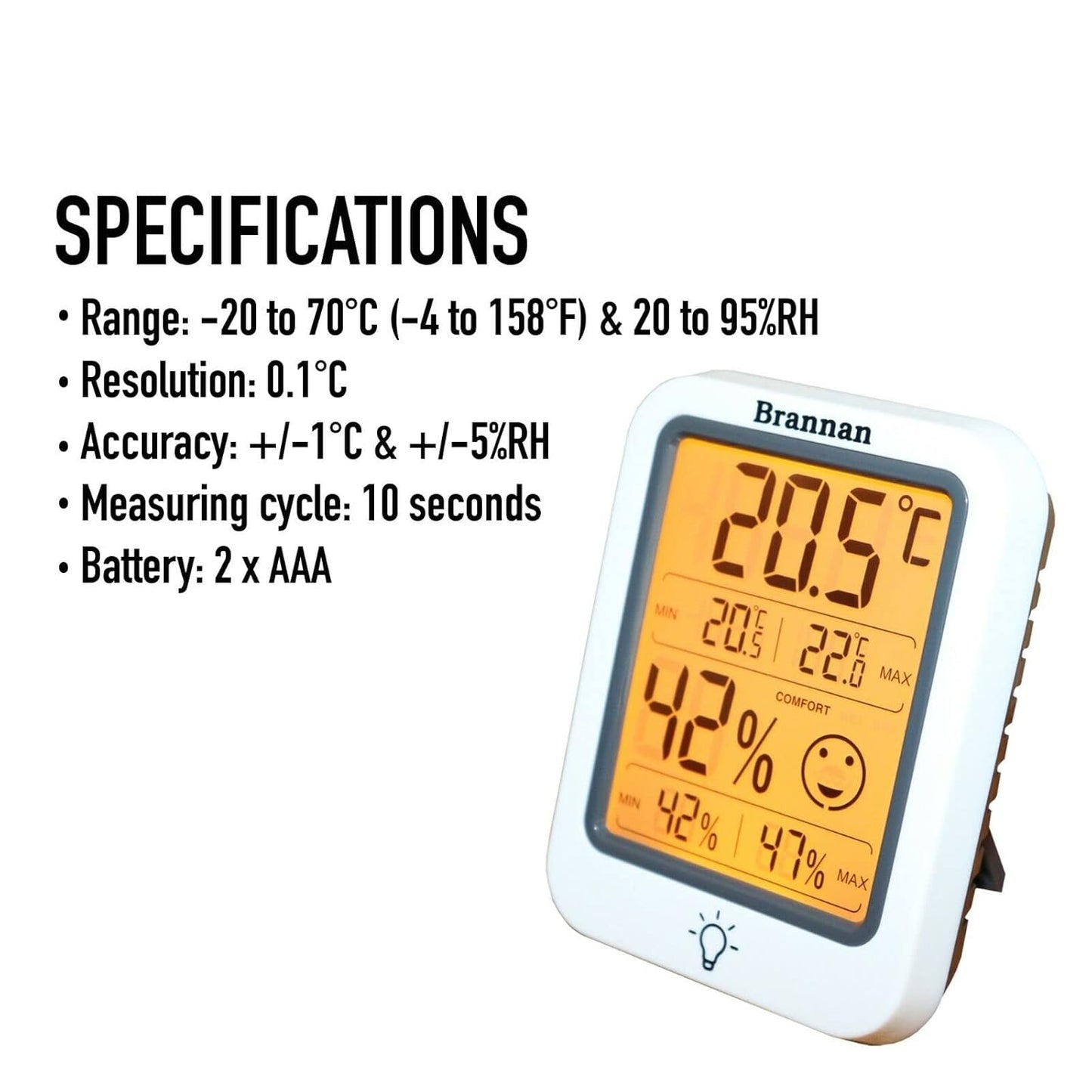 Brannan Digital Room Thermometer Hygrometer Indoor Humidity Meter Accurate Temperature Max Min Recording Backlight LCD Display Monitor Home Office Baby Room Nursery Greenhouse