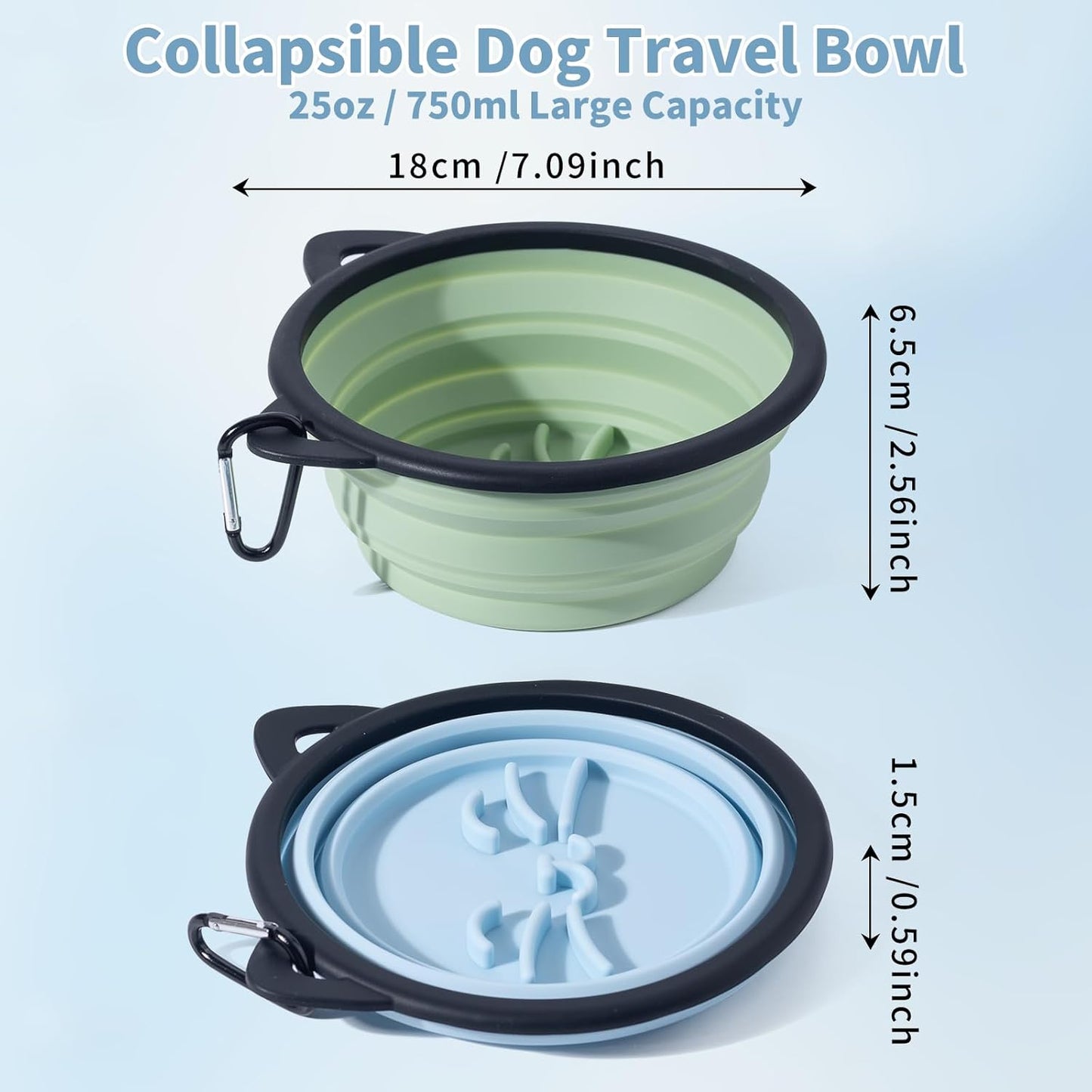 2Pack Silicone Collapsible Dog Bowls, Cute Pet Ear Shape and Cat Graphic Travel Water Bowl Full of Pet Atmosphere 25oz Portable Feeder for Small Large Dog Walking Hiking Camping (Light Blue and Green)