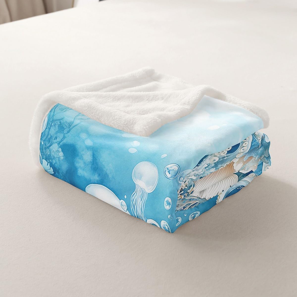 Erosebridal Octopus Plush Sherpa Blanket Ocean Animals Theme Underwater World Coral Fleece Throw Blanket Warm Plush Queen 90"x90", for Kids Boys Girls Adults 3D Printed