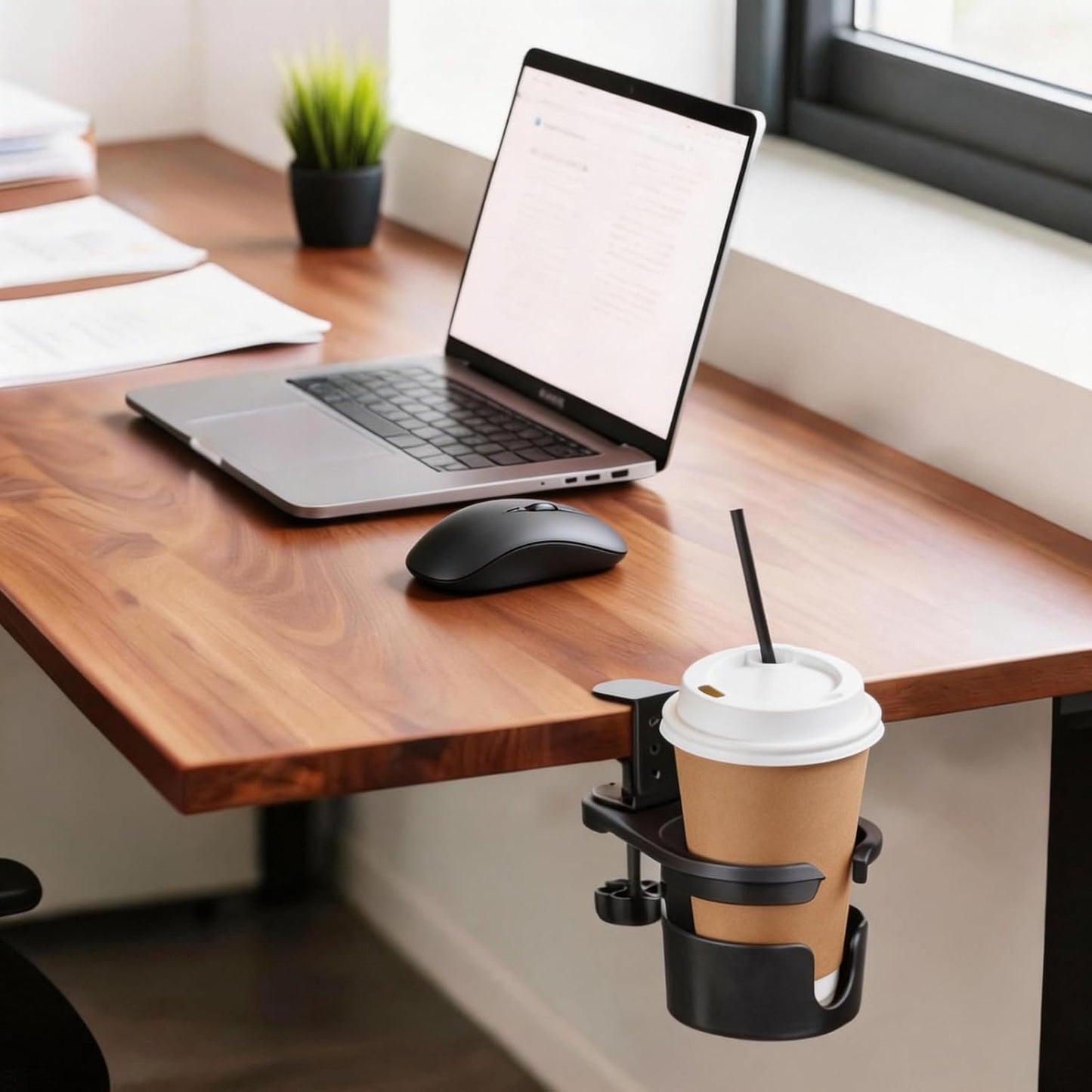 No Drill Desk Cup Holder Clamp, 360° Rotating Anti-Spill Table Cup Holder, Adjustable Clip on Cup Holder for Gaming Desk, Gamer Gift, Drink Holder for Coffee Cup, Office Accessories (Sleek)