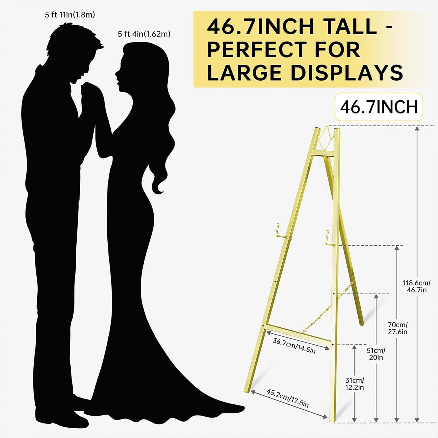 Gold Easel Stand for Wedding Signs,No Assembly Needed-46.7' Heavy Duty Adjustable Wedding Easel with Tool-Free Knobs&Adjustable Chains, Fits Welcome Signs, Posters, Paintings, Events & Art Displays