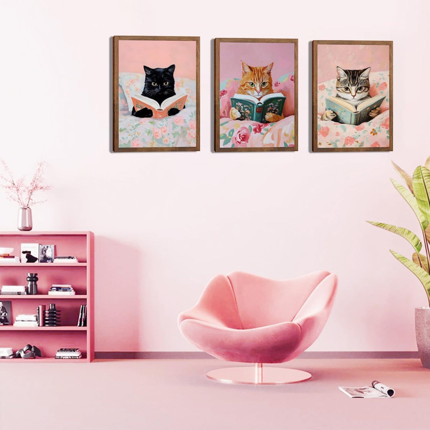 Cute Cat Wall Art Set of 3, Vintage Funny Black Cat Book Canvas Wall Decor, Pink Animal Reading Books Picture Print for Boby Room Bedroom Living Room Home Decor 12x16 Wood Framed