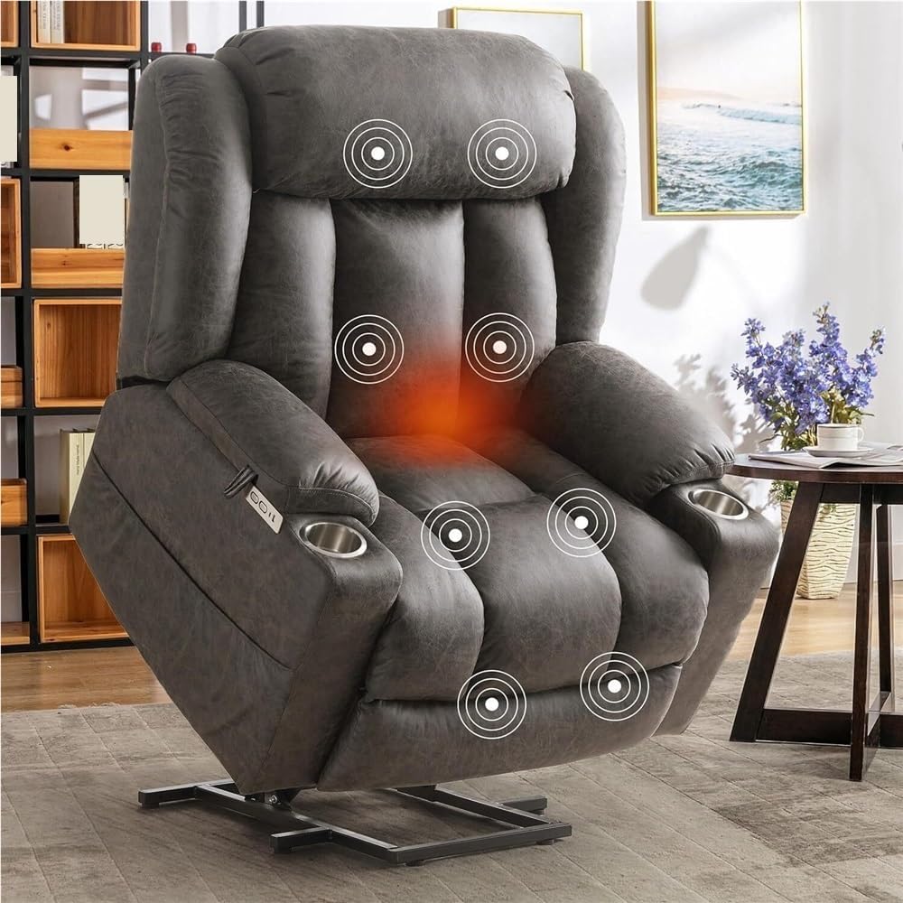 Electric Power Lift Recliner with Massage & Heat – Infinite Position Overstuffed Wide Leather Chair for Elderly, Breathable Seat, Metal Cup Holders, USB & Type-C Charging Ports for Living Room