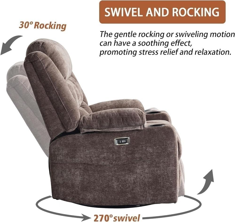 Power Recliner Chair Massage Recliner Sofa Electric Swivel Rocker Chair Ergonomic Single Lounge Sofa Electric Recliner Glider with USB and TypeC Ports for Living Room Reading