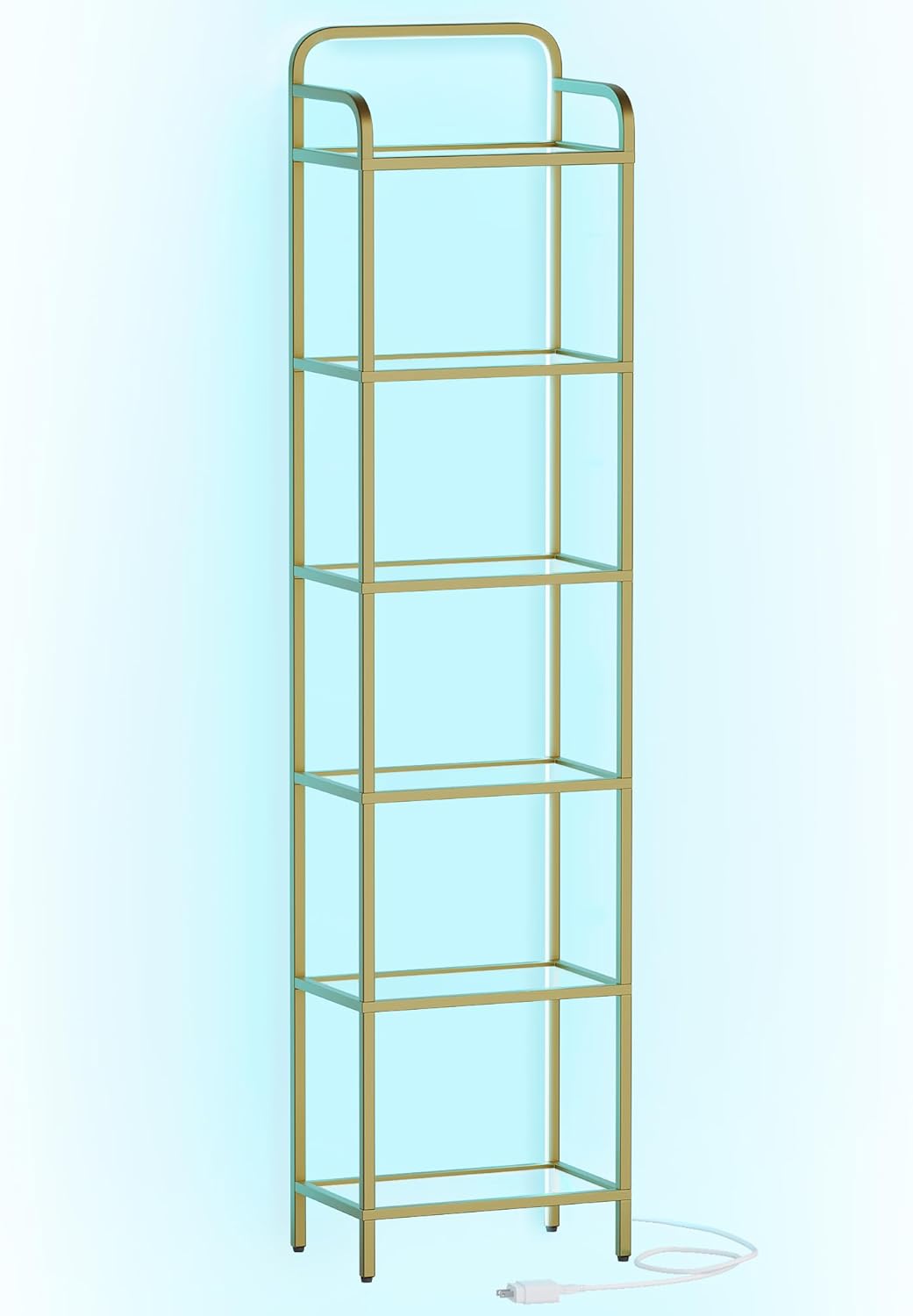 Bookshelf, Tall Narrow Bookcase with LED Lights, Tempered Glass Bookshelves with Steel Frame, Display Shelf, Slim Shelving Unit for Living Room, Bedroom, 9.6"D x 15.4"W x 66.5"H Gold BC34699G