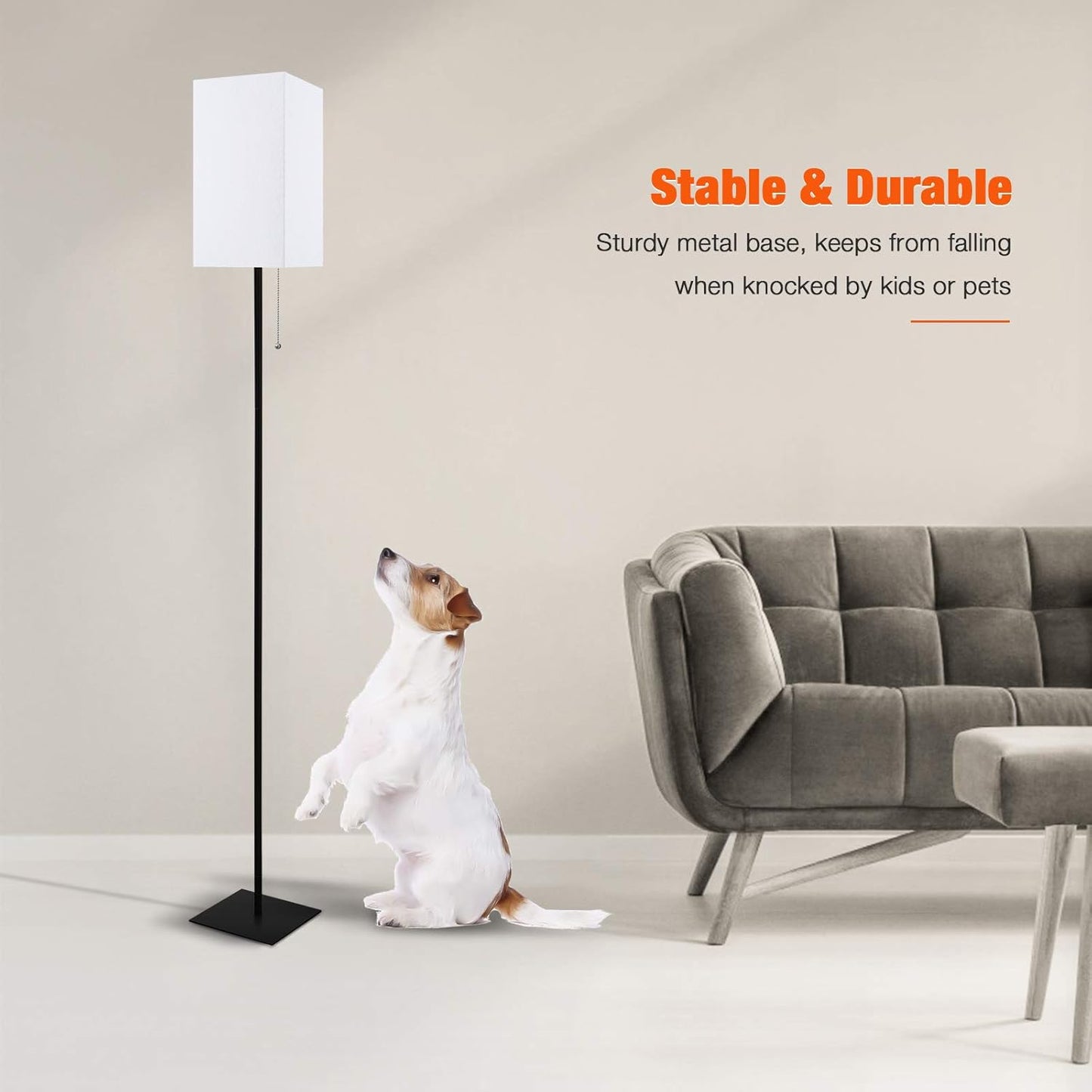 Floor Lamp for Living Room, Modern Standing Lamp for Bedroom with Linen Shade, Black Corner Floor Lamp for Office Kids Room, Bulb Included