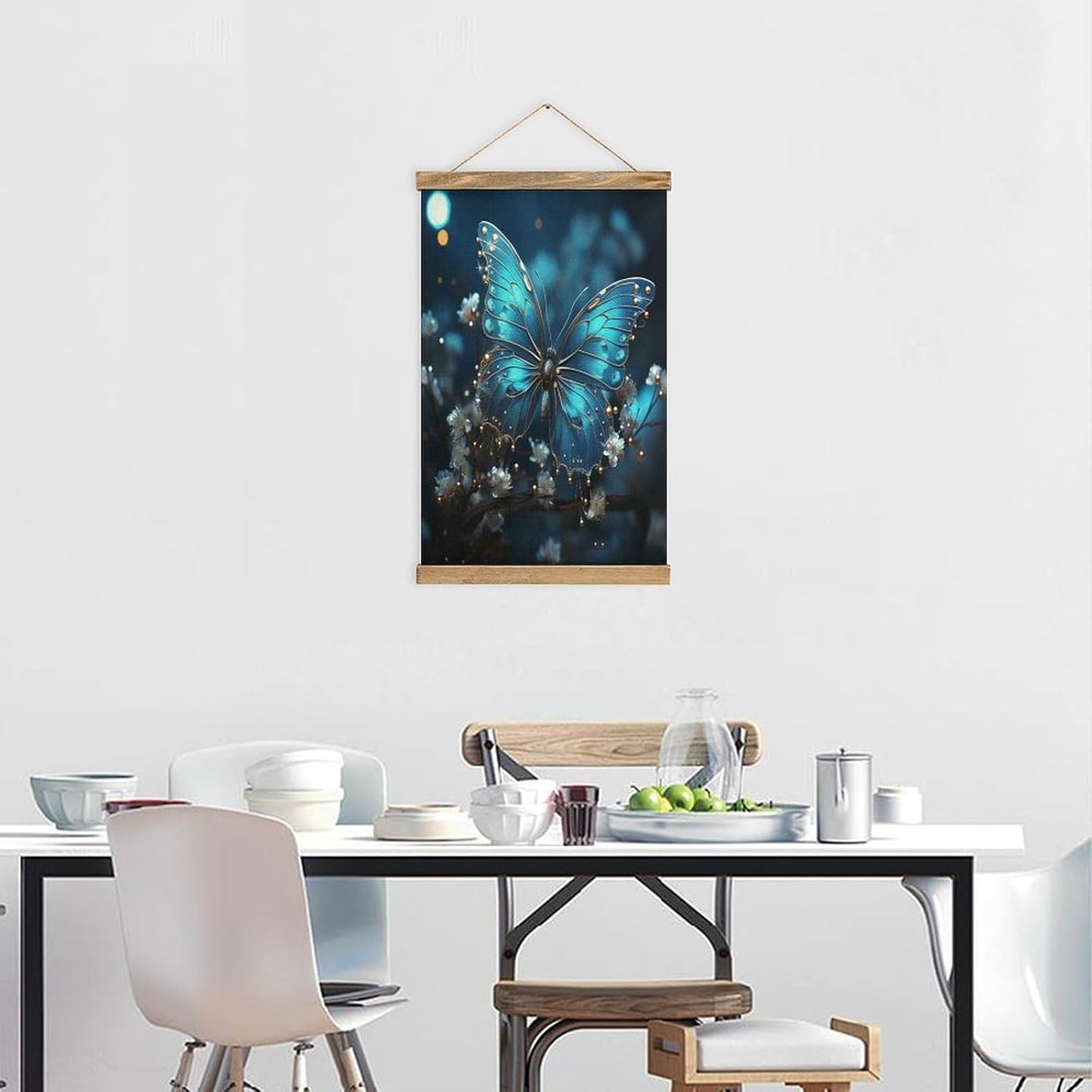 Vintage Blue Butterfly And Moon Poster with Wooden Frame Personalized Linen Hanging Scroll Painting Rustic Wall Hanging Illustrative Modern Artwork Decor for Home Living Room Bedroom Office