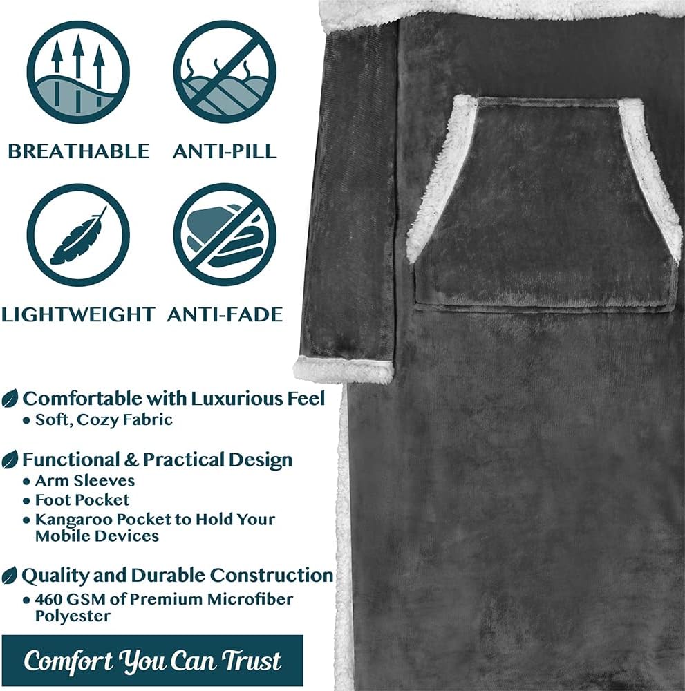 PAVILIA Sherpa Blanket with Sleeves, Foot Pocket for Women Men Adults, Thick Wearable Blanket Throw Wrap, Fleece Warm Snuggle Blanket Robe, Cozy Gift Ideas Wife Mom, Dark Gray