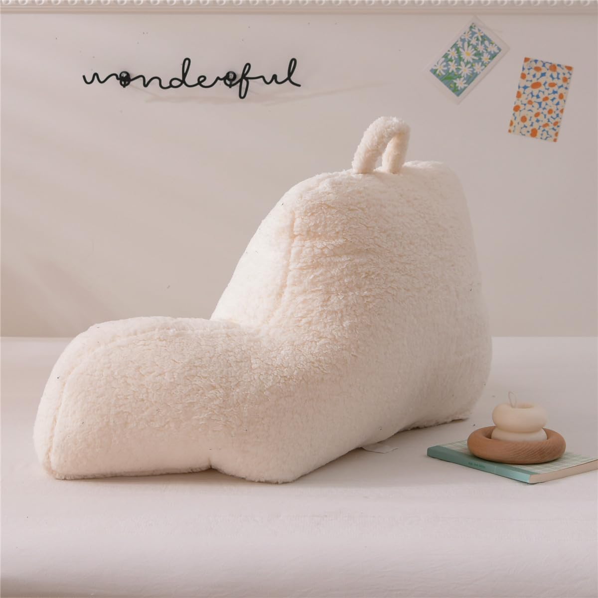 NTBED Sherpa Reading Pillow for Bed Backrest with Arms, Kids Adult Bedrest Pillow Back Support for Sitting Up in Bed Chair Pillow (White,Large)