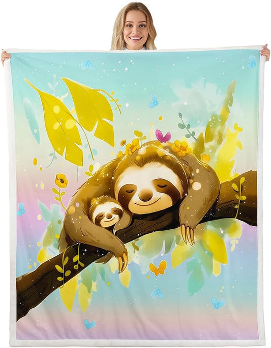 Feelyou Cute Sloth Sherpa Blanket Yellow Floral Animal Sloth Fleece Throw Blanket for Kids Boys Girls Cartoon Sloth Plush Blanket Sloth Fuzzy Blanket for Sofa Bed Couch 60"x80"