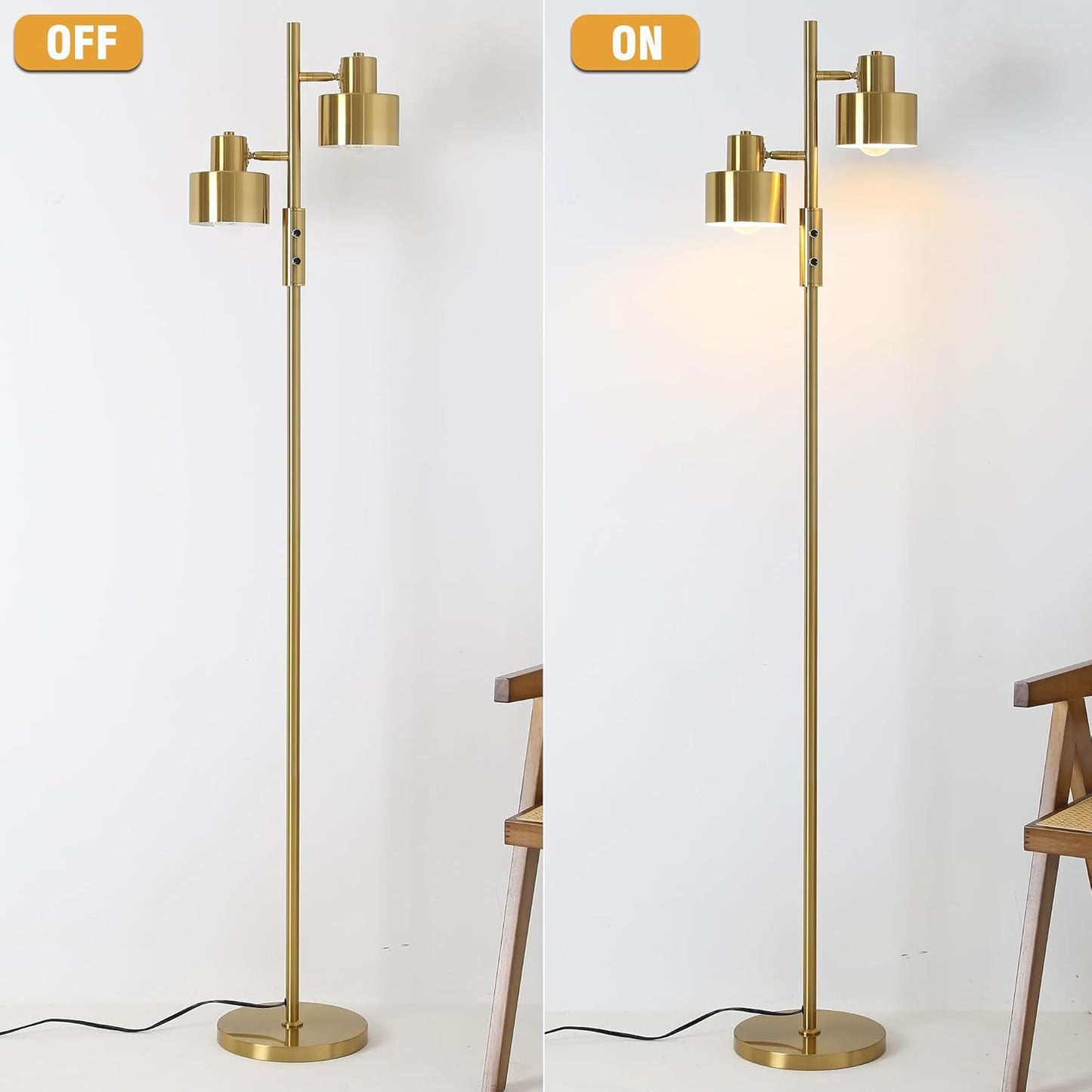 Dimming Floor Lamp with 2 Adjustable Head,Tall Modern Industrial Vintage Standing Lamps for Living Room, Bedroom, Office,Study,Gold Corner Light for Reading